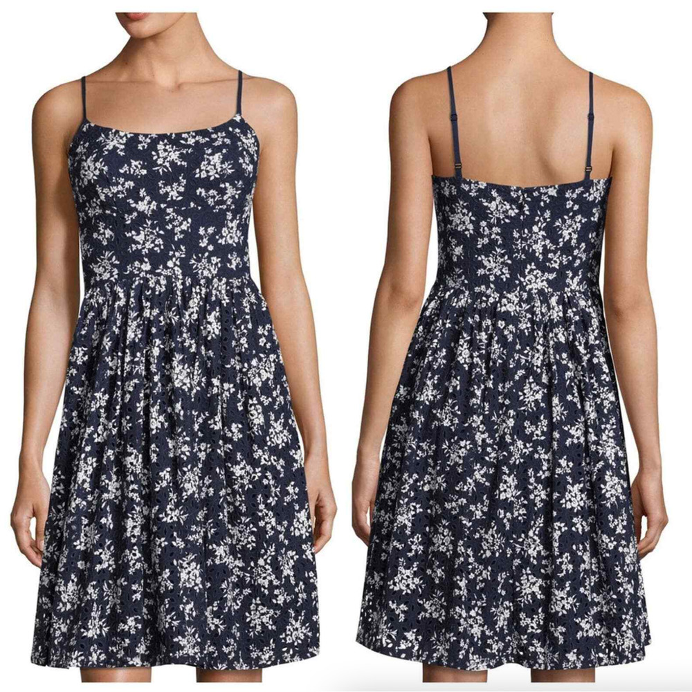 Maggy London Dress Sz 14 Floral Print Eyelet Blue Fit And Flare Sleeveless Sak's